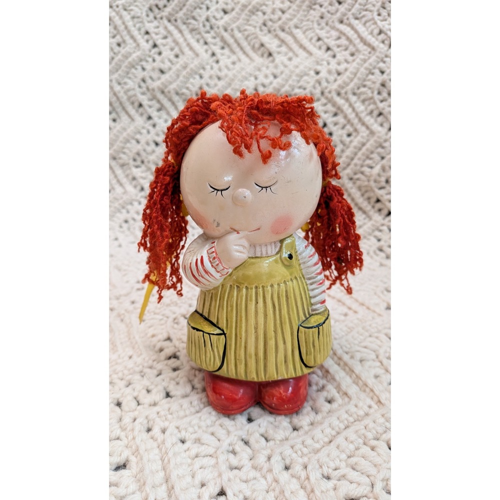Vintage Ceramic Girl Coin Bank Red Yarn Hair Pigtails Yellow Jumper Piggy Bank